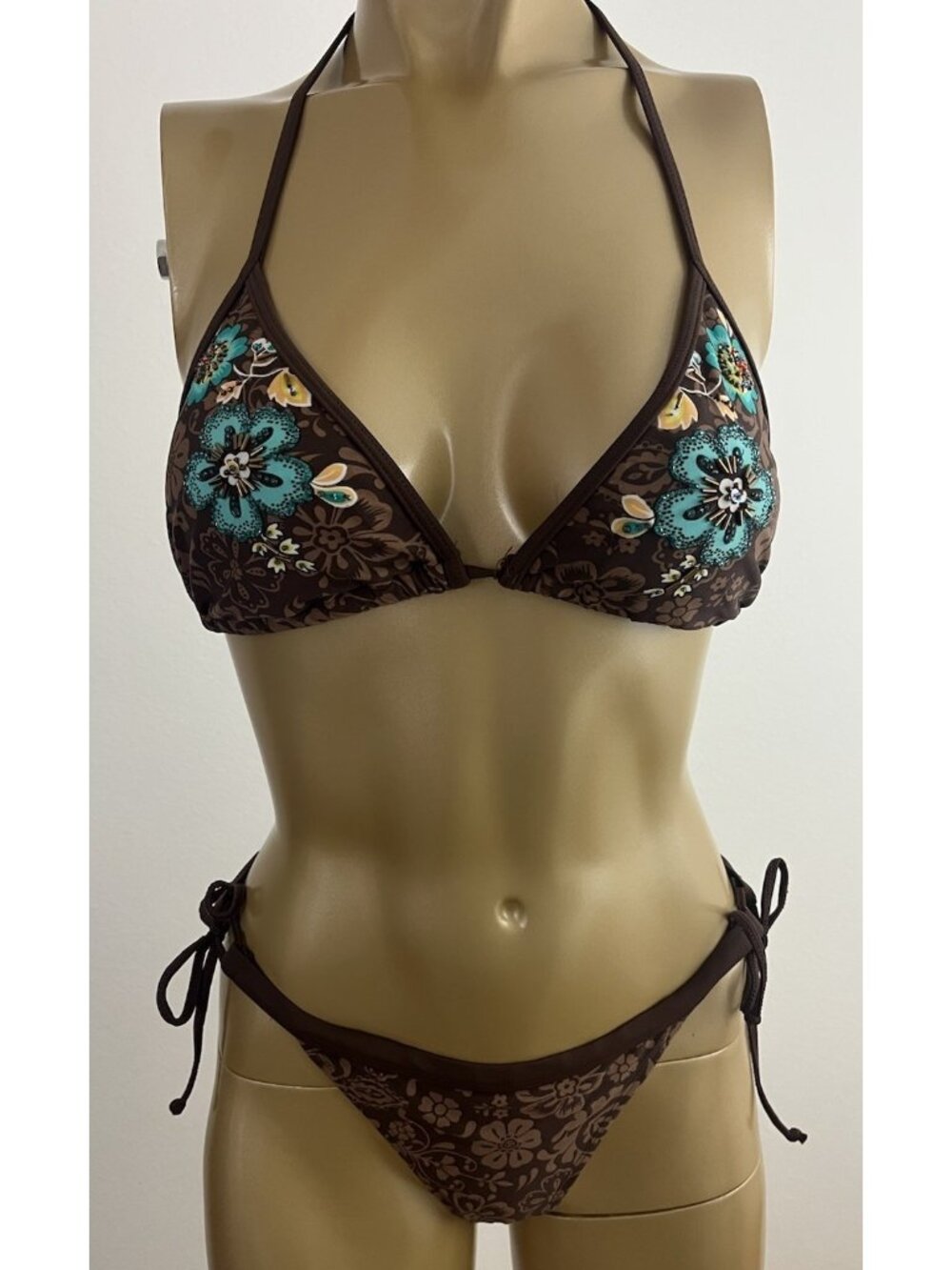 Body Glove Brown Floral Tie Side Bikini Swimwear Triangle Adjustable Top XL